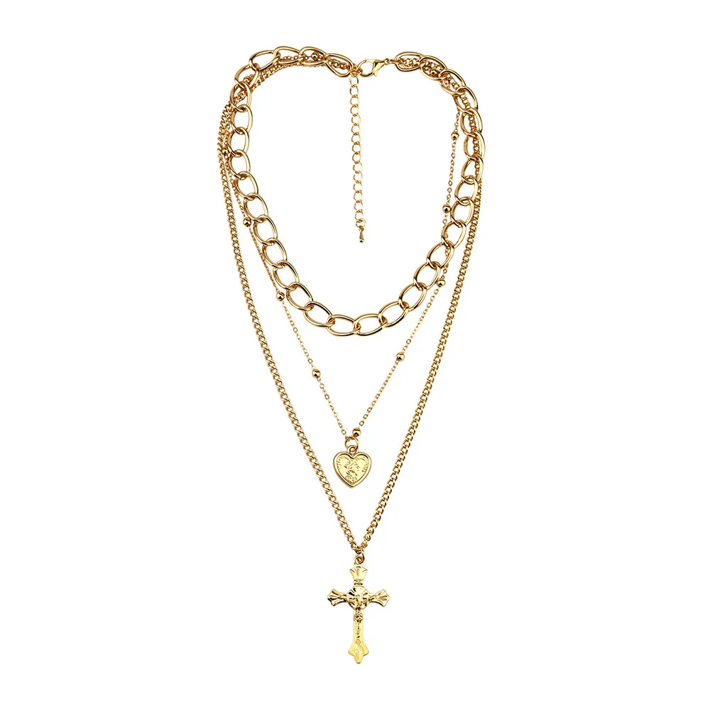 

Fashion retro thick chain necklace female alloy love cross pendant necklace jewelry multi-layer necklace chain