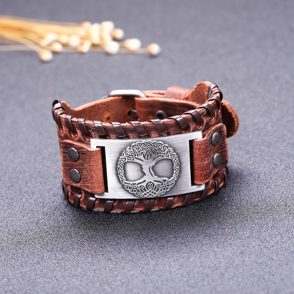 Leather Bracelet Skyrim Talisman Men Compass Tree of Life Valknut Wolf Head Charm Wristband