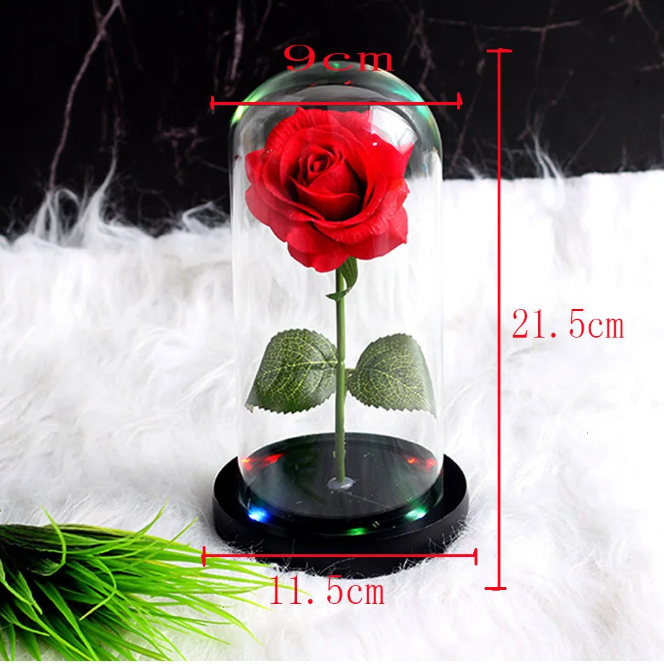 Romantic Gift Preserved Rose Beauty And The Beast Rose Rose In Glass Dome LED Light Forever Rose Red Rose Belle Preserved Rose