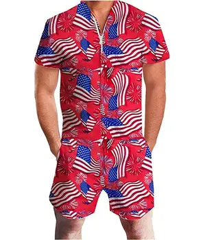 

OLOEY 2019 Summer Stylish US Flag Mens Romper Jumpsuit Galaxy Printed Cargo Short Sleeve Overalls Playsuit Romper Jumpsuits