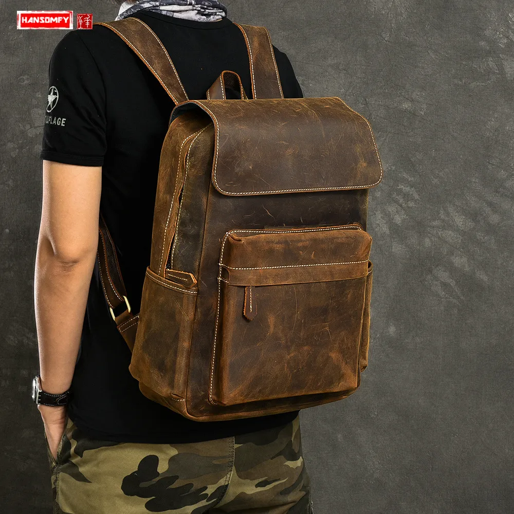 First Layer Leather Men Backpack large capacity 15.6 inch Laptop Bag male Travel Backpacks Retro Crazy Horse school bags | Багаж и сумки