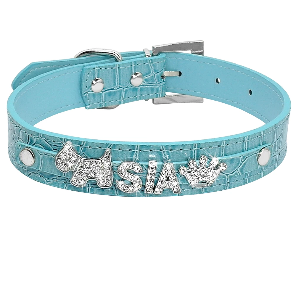 Croc Blue Персонализированные ошейники для кошек, стразы, аксессуары для щенков, талисманы "Собака" для кошек, чихуахуа, на заказ, Йоркширские ошейники, маленькие - Цвет: Croc Blue