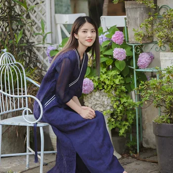 

Summer 2019 Chinese Style Silk and Linen Leisure Dress Three Quarter Sleeve V-collar Blue Black Loose Dress Hanfu Tang Dress