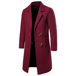 wine red Длинный шерстяной Тренч для мужчин, корейский стиль, Металлическая пуговица, Мужская шерстяная куртка, Брендовое пальто с отворотом, повседневное, приталенное, Homme Manteau XXL - Цвет: wine red