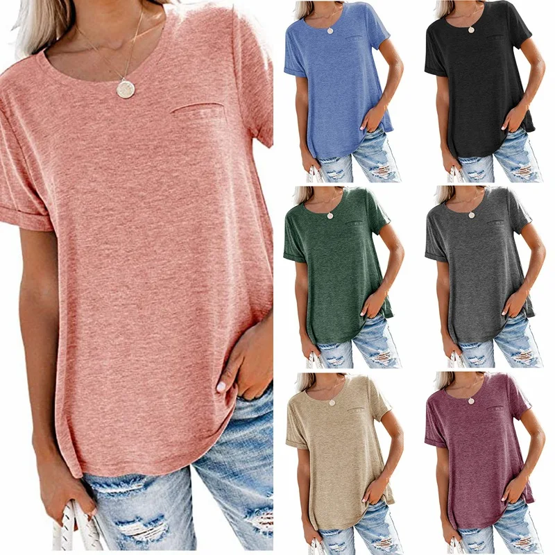 2021 mujeres camisetas de moda europea/americano de primavera de las mujeres/novedad de verano de Color sólido de manga corta de las mujeres de ropa de moda