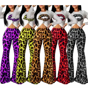

2019 Newest Fashion 2PC Women Short Sleeve Tops Long Leopard Print Boot-cut Pants Set Casual Outfits Flared Trousers
