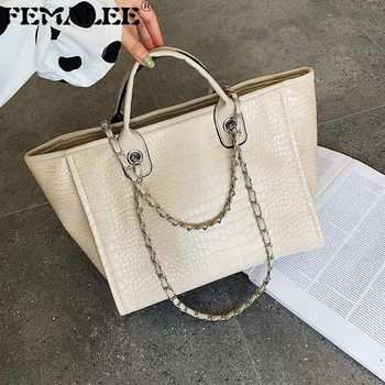 

Crocodile Chains Large Beach Shoulder Bags Women Travel Bags Leather Luxury Handbags Women Brand Tote Designer Sac A Main Femme