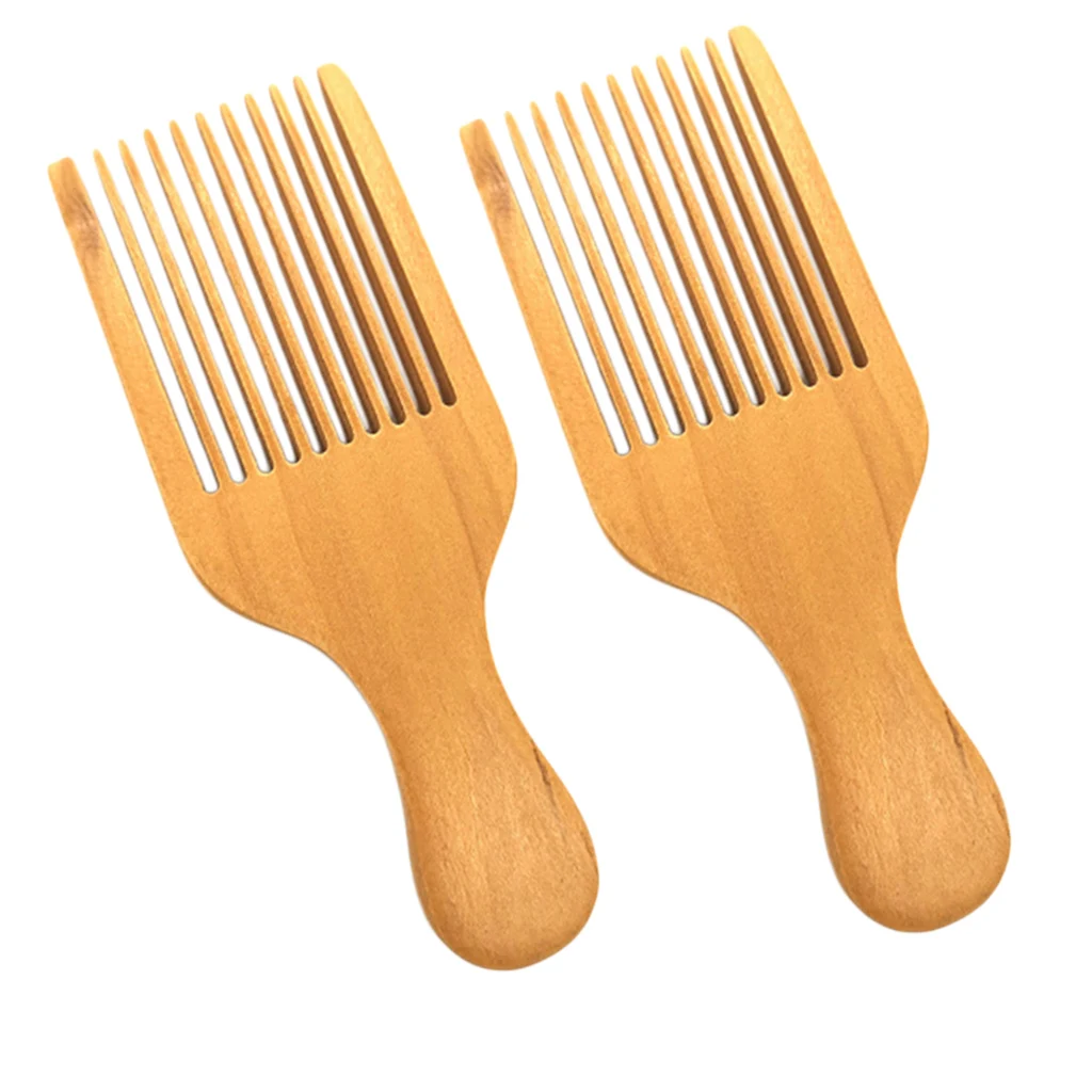 2 Pack of Hair/Beard Pick Comb – Natural Brown Color Wood Scalp Massage Comb With Portable Handle (Wide Tooth)