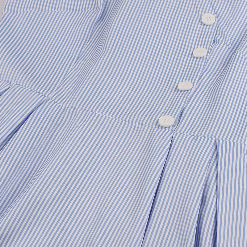 Tonval винтажное синее Полосатое платье-рубашка с воротником-стойкой и пуговицами спереди летнее женское платье с коротким рукавом и расклешенными плиссированными платьями
