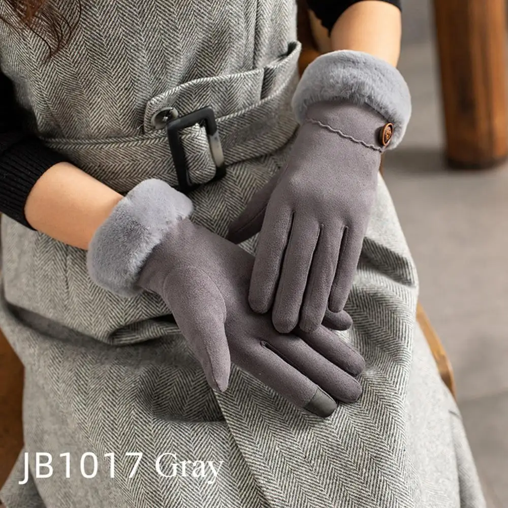 

Winter Female Double Thick Plush Wrist Warm Cashmere Cute Cycling Mittens Women Suede Leather Touch Screen Driving Glove