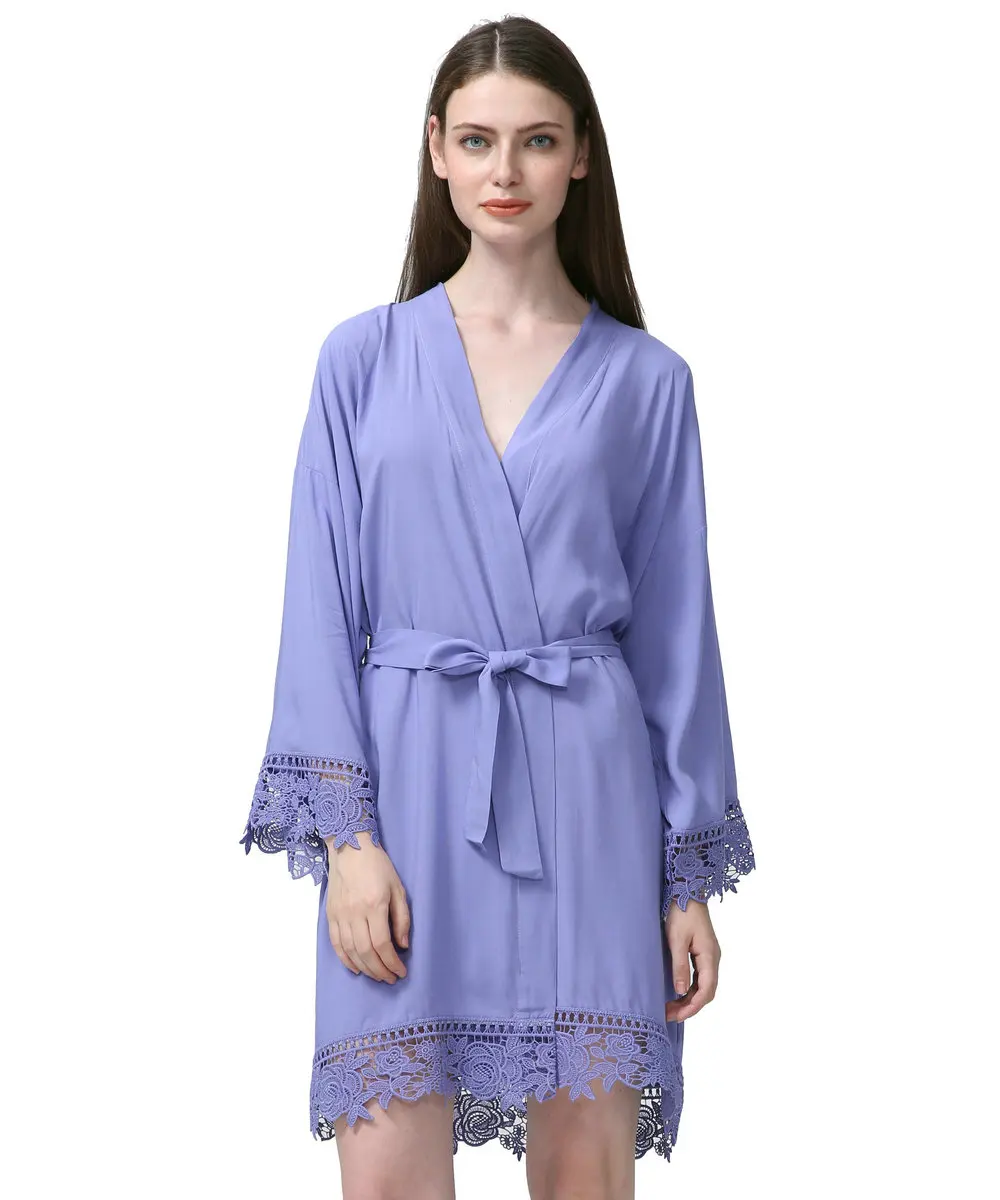 Текст на заказ подружки невесты хлопковое кимоно халаты для невесты W/кружевной отделкой женский свадебный наряд короткий пояс халат пижамы - Цвет: lavender with print