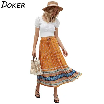 

2020 Summer Floral Print Midi Skirts Womens Fashion High Waist A-line Sexy Skirt Casual Boho Beach Bandage Elegant Long Skirt
