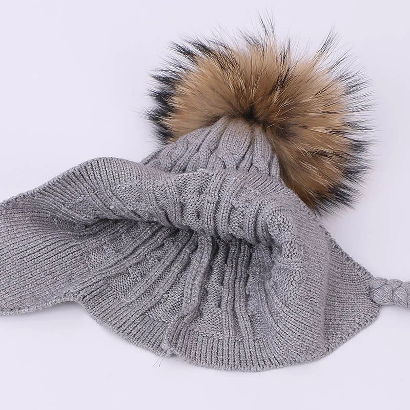 Детские шапки с помпоном, женские детские шапки, вязаные шапки Skullies, осенне-зимняя теплая вязаная шапка, чистый цвет, натуральный мех енота