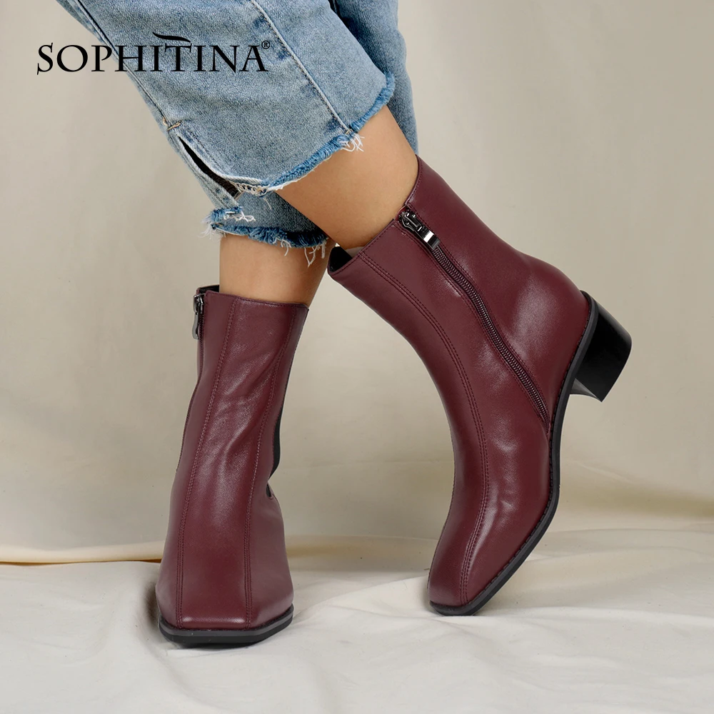 SOPHITINA Women's Chelsea Boots Zipper Wine Red Square Toe Elegant Autumn Winter Bootie Fashion 2020 New Women Shoes PC803