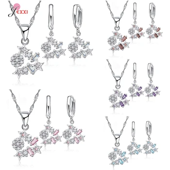 

Good Quality 925 Sterling Silver Shiny Star & Snow Pendant Necklace Earrings For Wife Mom Birthday Party Beautiful Jewelry Sets