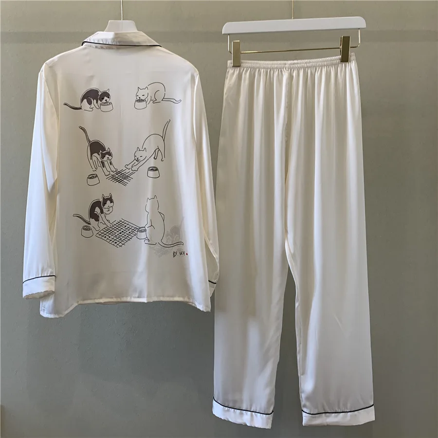 

2020 Spring Summer Women Pajamas Sets Satin Pyjamas Cartoon Print Long Sleeve Silk Sleepwear Pijama Mujer Female Nightsuits