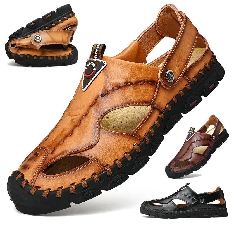 

JUNSRM Summer Men's Breathable Comfortable Shoes Genuine Leather large Size 47 Slip-On Casual Shoes Men Hollow Weaving Sandals