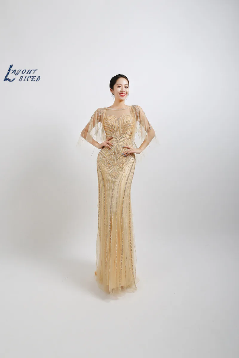 

Luxury Beads Gold Mermaid Evening Dresses Butterfly Sleeve vestidos Party Dress Prom Gowns vestidos de fiesta Dresses Women
