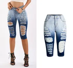 Новые женские эластичные прямые шорты из джинсовой ткани до середины талии, рваные джинсы с дырами Джинсы женские Мода облегающие скини