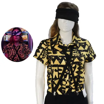 

2019 Stranger-Things 3 ELEVEN Yellow Blouse Shirt + Blindfold + Suspender Women Cosplay Battle Costume Halloween Party Dress-up