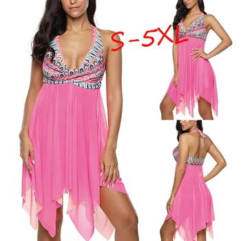 

2020 New Swimdress Women Plus Size Print Swimdress Swimwear Tankini Mesh Patchwork Print Hem Halter Bikini Biquini Bathing Suit