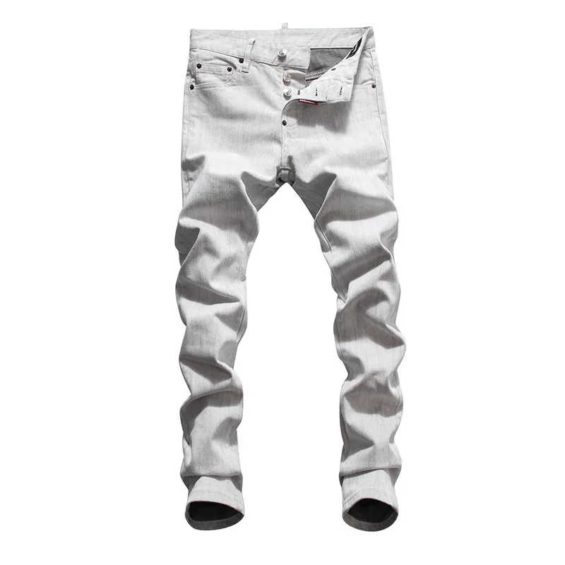 Europea pantalones vaqueros americanos famosa marca mens Denim Pantalones vaqueros de los hombres pantalones de denim botón blanco gris pantalones vaqueros para hombres 8123