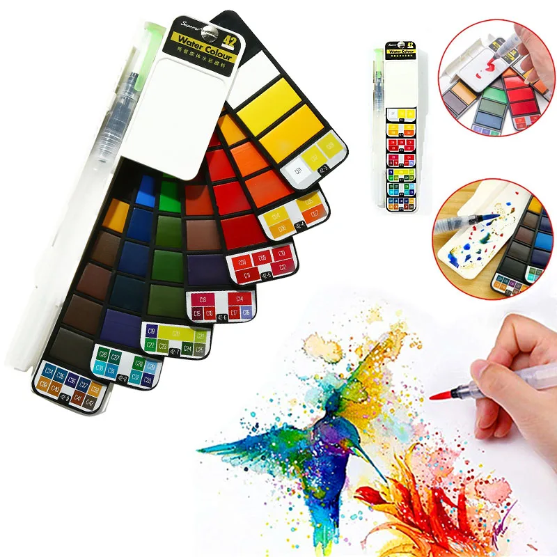 Conjunto de pintura de acuarela sólida, juego de pigmento de alta calidad, con estuche de viaje plegable, bolígrafo de agua y diversos colores 18/25/33/42, suministros para estudiantes