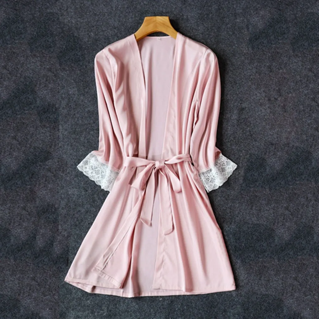Pink Пижама женская одежда для сна пижама женская кружевная атласная Шелковая пижама с v-образным вырезом Нижнее белье пижама банный халат Нижнее белье пижама женская - Цвет: Pink