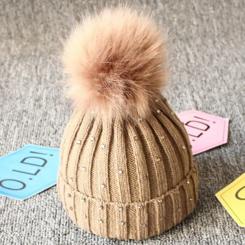 От 0 до 3 лет детская зимняя теплая вязаная шапка, шапка для малышей, детская шапка с помпоном, детская шапка с мехом енота, шапочка, подарок для детей, шерстяная шапка
