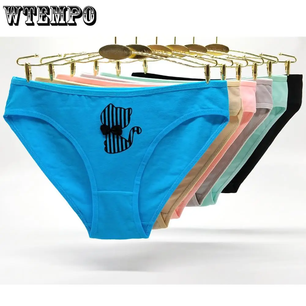 Бренд WTEMPO, 6 шт./партия, сексуальное нижнее белье, плавки, бесшовные трусики с принтом кошки, милые трусики с рисунком кота для девочек