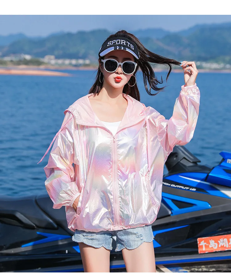 YUANYUANJYCO summer thin woman jacket reflective colorful zipper hooded long sleeve fashion white pink jackets for women coats