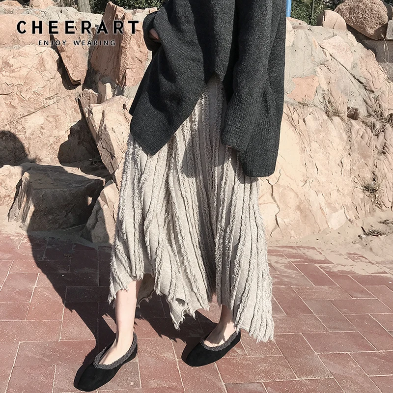  Cheerart Fall Long Skirt Women Elastic High Waist Ladies Asymmetrical Feather Skirt Korean Fashion 