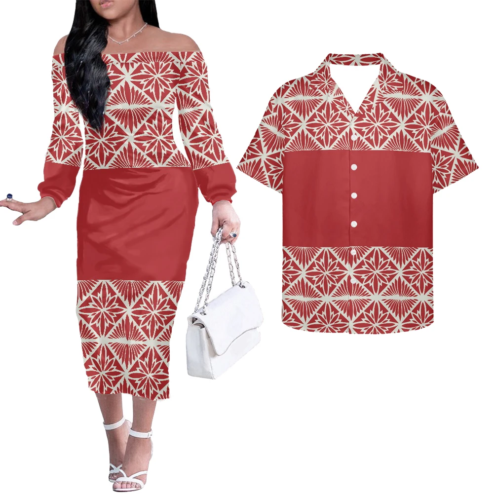 

Cumagical Polynesian Traditional Tribal Red Dresses Women Party Evening Elegant Off Shoulder Maxi Dress Couple Set