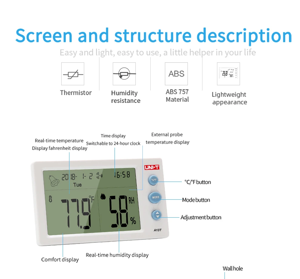 Temperature Humidity Meter UNI-T A13T Display of temperature Humidity Date and Time