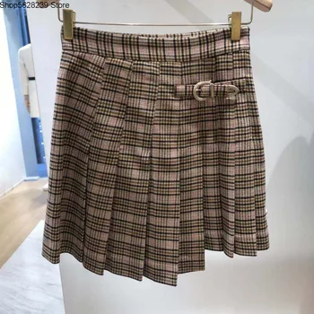 

Law Single 2020 England Wind Gao Waist Check Irregular A Word Pleats Women's Wear Overskirt 190741