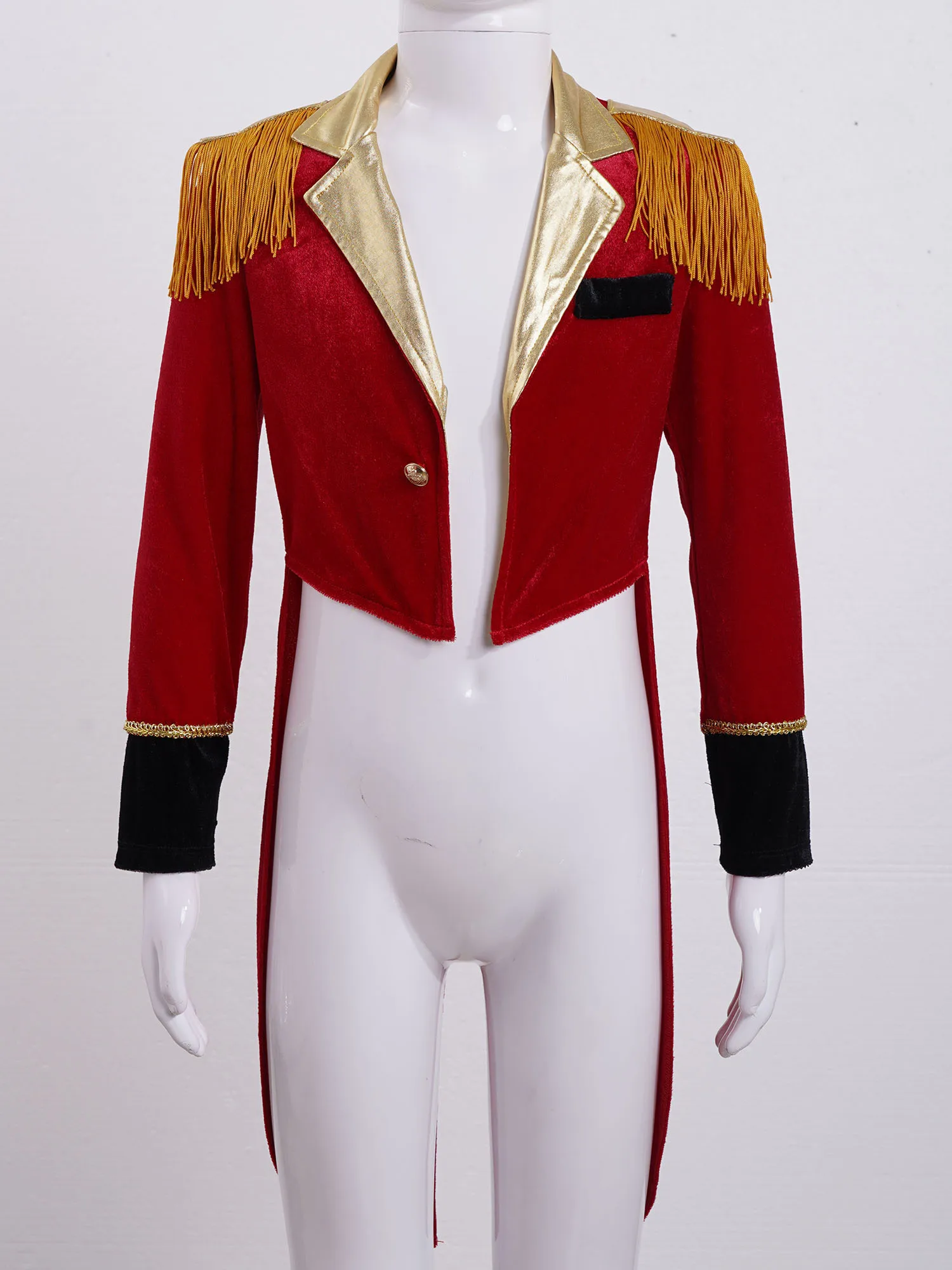 

Red Kids Boys Circus Ringmaster Costume Long Sleeves Tassels Adorned Dip Hem Tailcoat Jacket Lion Tamer Fancy Cosplay Outfit