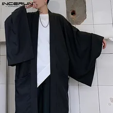 Chemises Cardigan noires pour hommes, vêtements d'extérieur, point ouvert, Trench à manches longues, manteaux longs, à la mode, Style japonais, hauts Yukata, 2021
