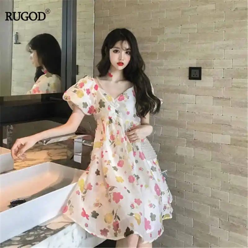 

RUGOD V-neck Dress Women Floral Print Hight Waist A-line Temperament Super Fairy Casual Summer Dresses Casual 2019