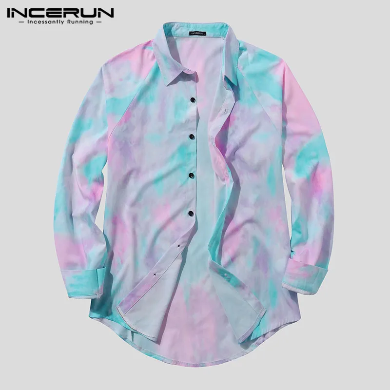 

INCERUN Autumn Men Gradient Long Sleeve Shirt Stylish Trend Lapel Button Casual Korean Harajuku Social Mens Blouse Streetwear