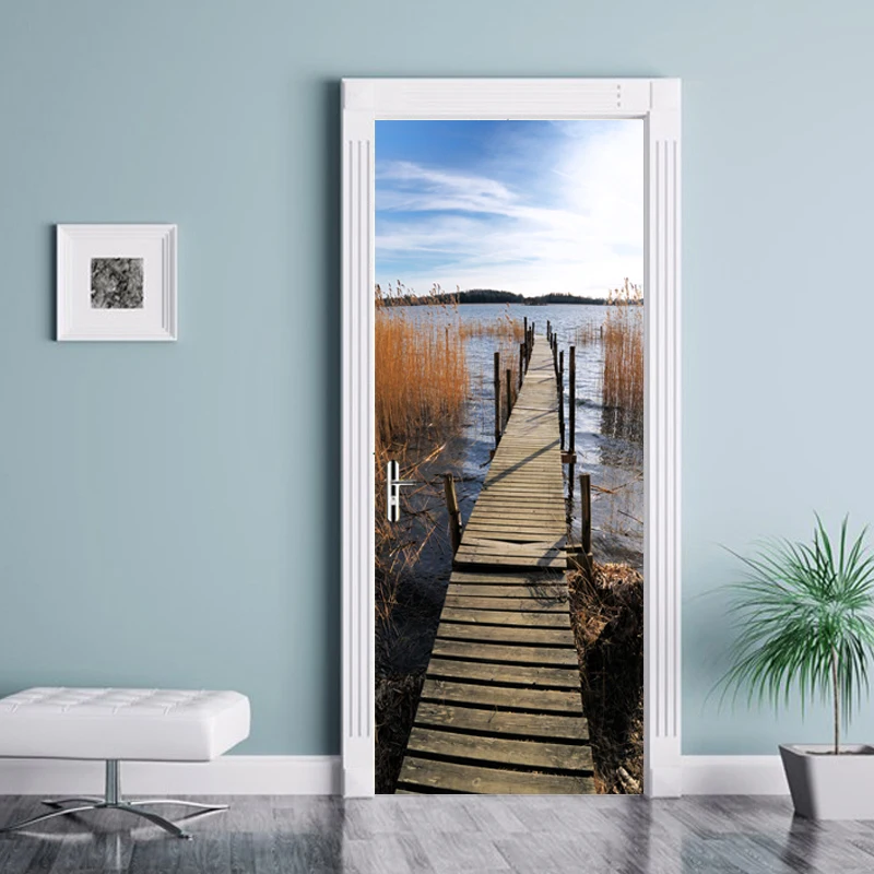 

Door Sticker Retro Old Wooden Door Station Bar Elevator Police Hall Subway Stairs Color Bricks Pulling Door Home Decor Paste