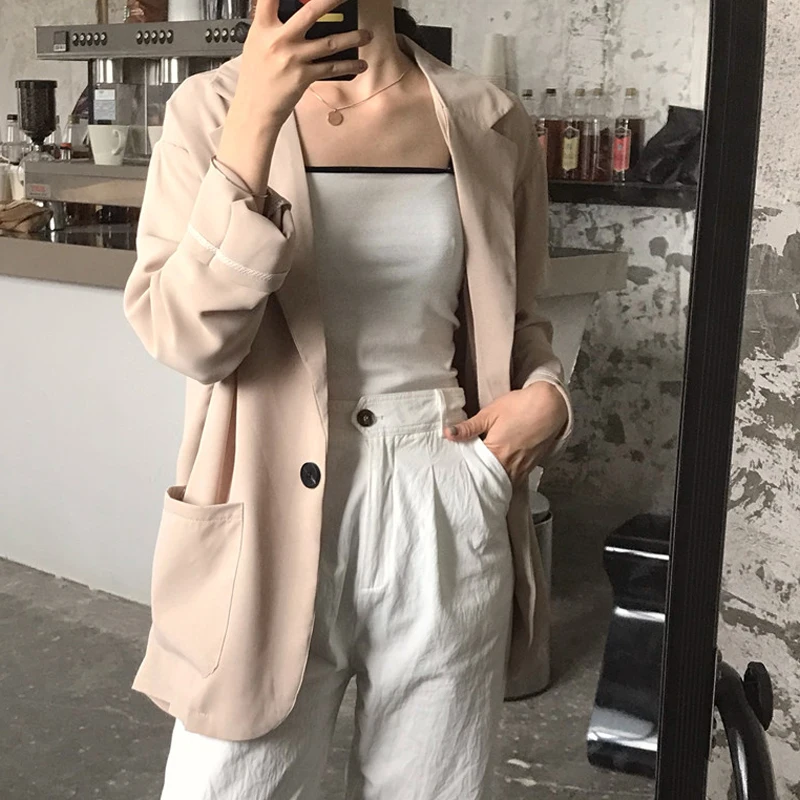

New Single Button Vintage Women Blazer Pockets Jackets Female Temperamental Suits Coat Feminino Blazers Outerwear High Quality