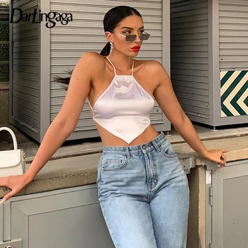 

Darlingaga Fashion Sleeveless White Satin Halter Top Camis Underswear Strap Summer Top Women Short Sexy Solid Crop Tops Bustier