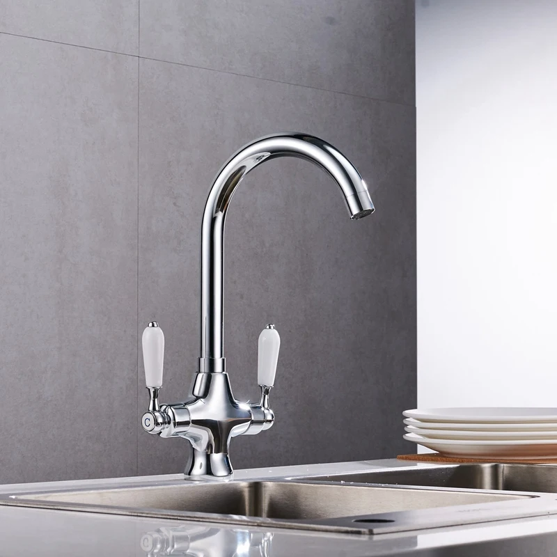  Double Handle Faucet Sink Brushed Steel Sink Kitchen Faucet Silvery Metal - 4000038296642