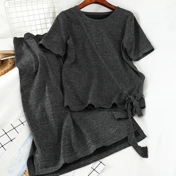 

Celebrity New Spring Leisure Skirt Suit Female Pure Color Loose-Fit Knit T-shirt Tops + Mid-length Skirt Two-Piece Set Female