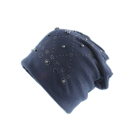 Модная однотонная женская шапка Skullies Beanies с жемчугом и стразами, зимняя женская шапка, осенняя вязаная шапка из мягкого хлопка - Цвет: Тёмно-синий