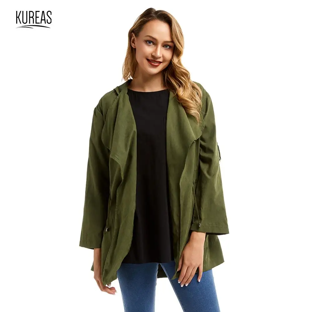 Kureas, женский плащ, зима, осень, с капюшоном, пыльник, пальто, модная, армейский зеленый, ветровка, талия, на завязках