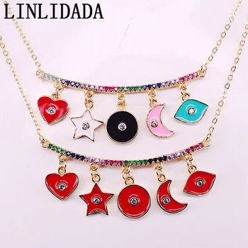 

5Pcs New Trendy Dangle Star Eye Round Shape Enameled Tassels Pendant Necklace Micro Pave CZ For Women Jewelry Gift