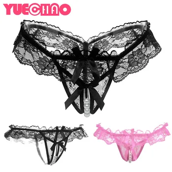 

Womens Erotic Sheer Ruffles Floral Lace Underwear Lingerie Low Rise Open Crotch T-Back Thongs Massage Faux Pearls Beaded Bowknot