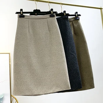 

2019 Fall Winter New Women Knee-length Skirt High Waist Slim Wool Skirts Office Lady All-match Woolen Blend Skirts Women Skirt