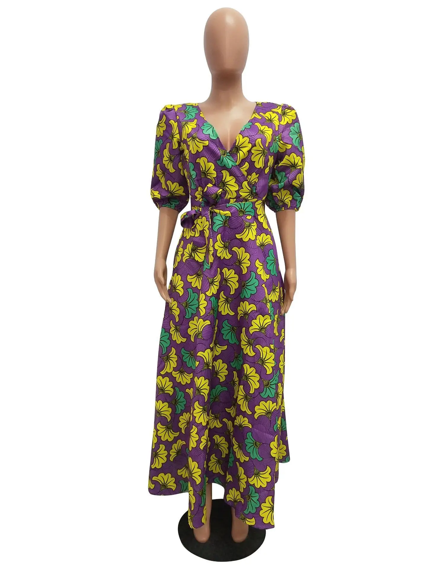 Africa Dashiki Long Dress for Women Floral Printing Indie Folk Dresses V-Neck Puff Half Sleeve A-Line Long Dresses With Sashes